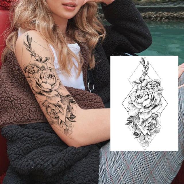 Realistic Big Flower Temporary Waterproof Sticker Tattoos For Body Painting Arm Legs Fake Black Rose Tattoos For Womens