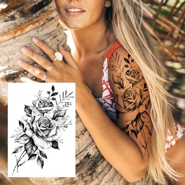 Realistic Big Flower Temporary Waterproof Sticker Tattoos For Body Painting Arm Legs Fake Black Rose Tattoos For Womens
