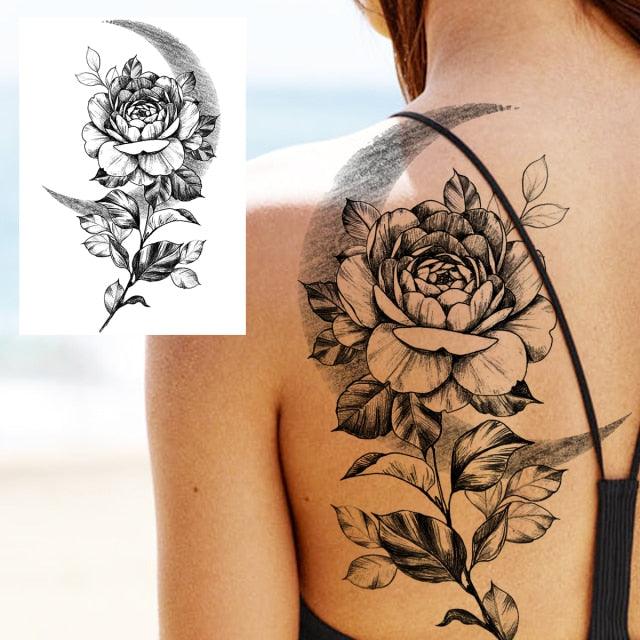 Realistic Big Flower Temporary Waterproof Sticker Tattoos For Body Painting Arm Legs Fake Black Rose Tattoos For Womens