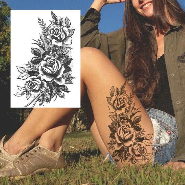 Realistic Big Flower Temporary Waterproof Sticker Tattoos For Body Painting Arm Legs Fake Black Rose Tattoos For Womens