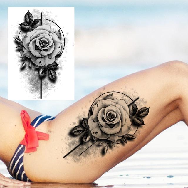 Realistic Big Flower Temporary Waterproof Sticker Tattoos For Body Painting Arm Legs Fake Black Rose Tattoos For Womens
