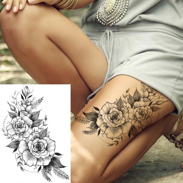 Realistic Big Flower Temporary Waterproof Sticker Tattoos For Body Painting Arm Legs Fake Black Rose Tattoos For Womens