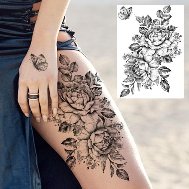 Realistic Big Flower Temporary Waterproof Sticker Tattoos For Body Painting Arm Legs Fake Black Rose Tattoos For Womens
