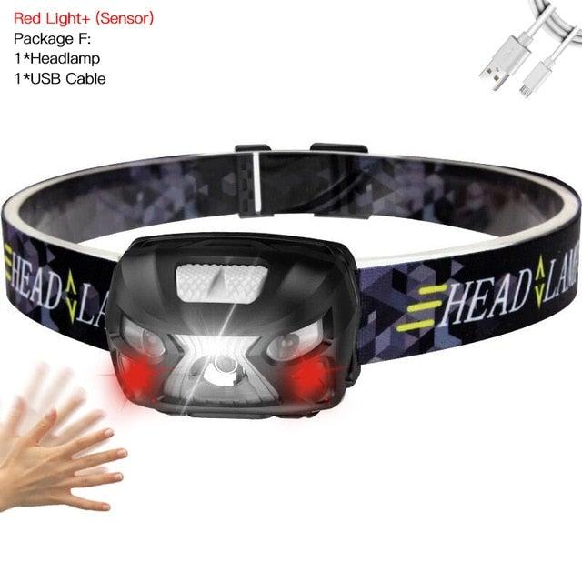 Rechargeable Adjustable  LED USB Headlight Powerfull Elastic High Lumens Headband Headlamp Motion Sensor Flashlight For Adults Kids Running Camping Hiking Camping