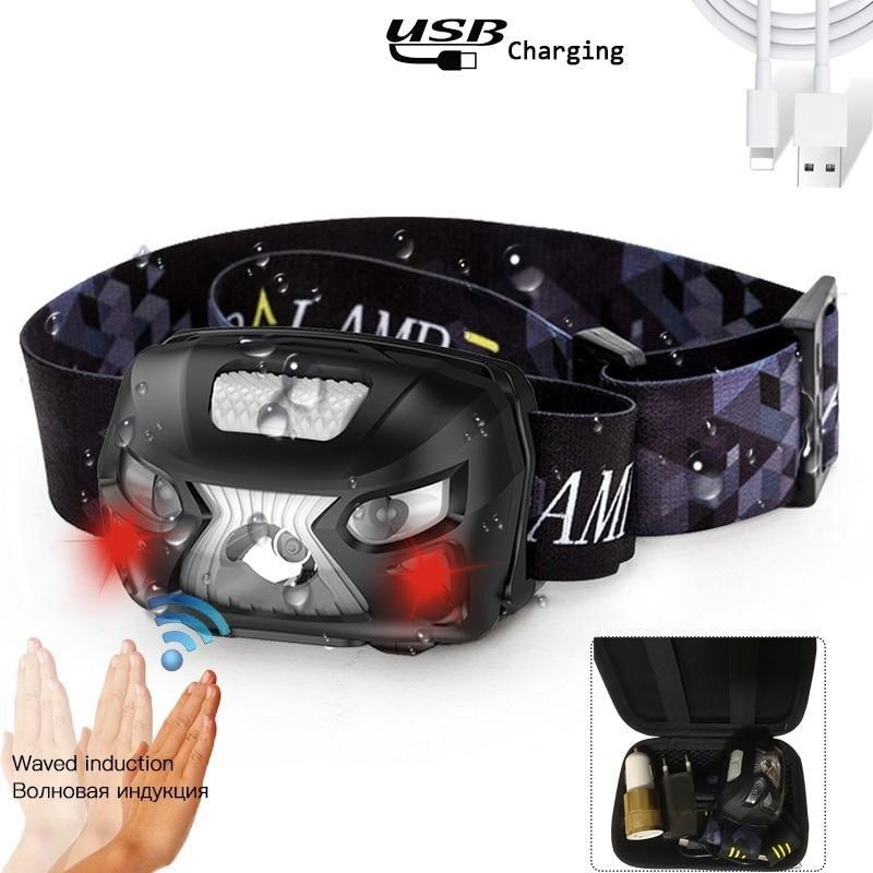 Rechargeable Adjustable  LED USB Headlight Powerfull Elastic High Lumens Headband Headlamp Motion Sensor Flashlight For Adults Kids Running Camping Hiking Camping