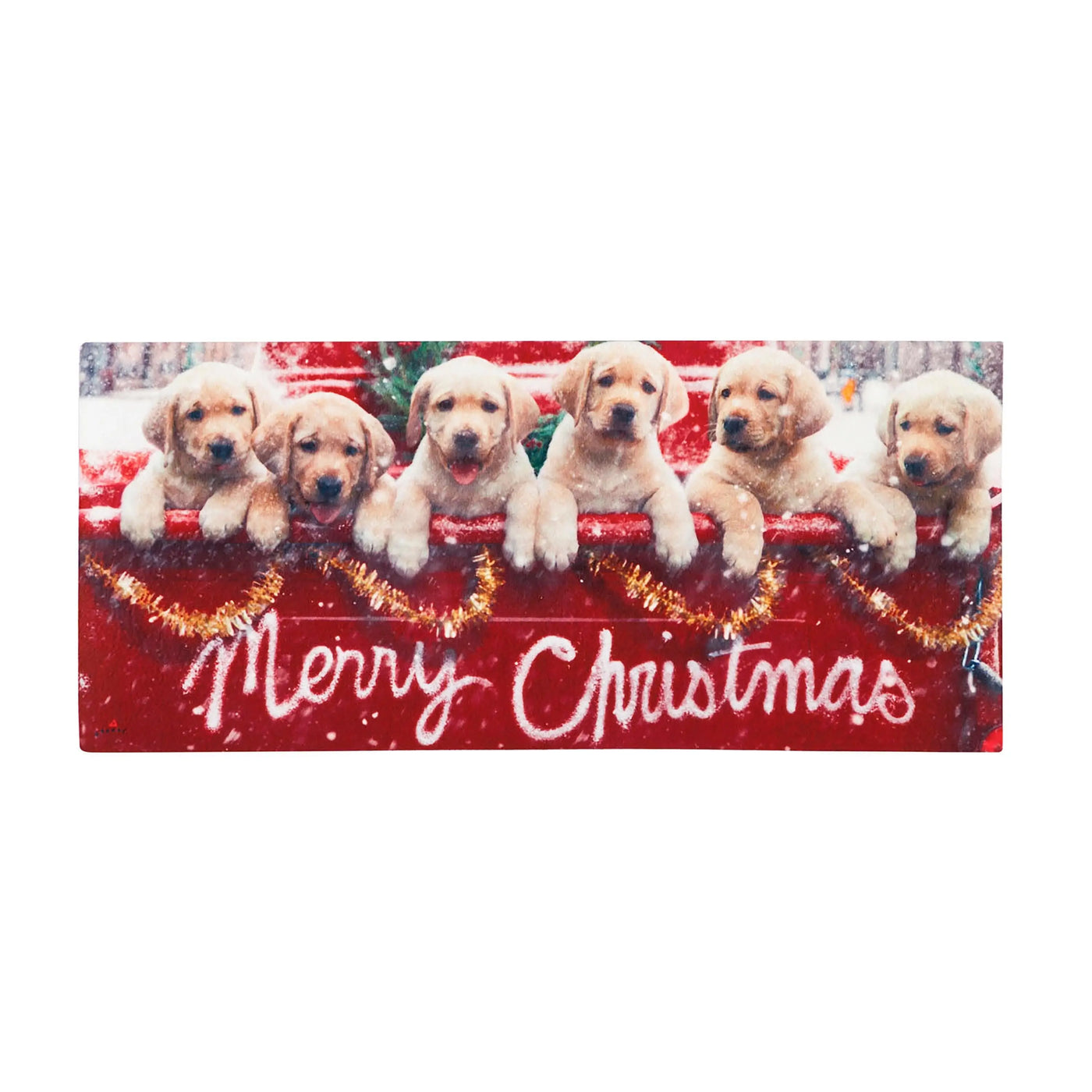 Red rectangular christmas-themed decorative plaque featuring five golden retriever puppies on snowy red truck with gold tinsel and merry christmas script in white