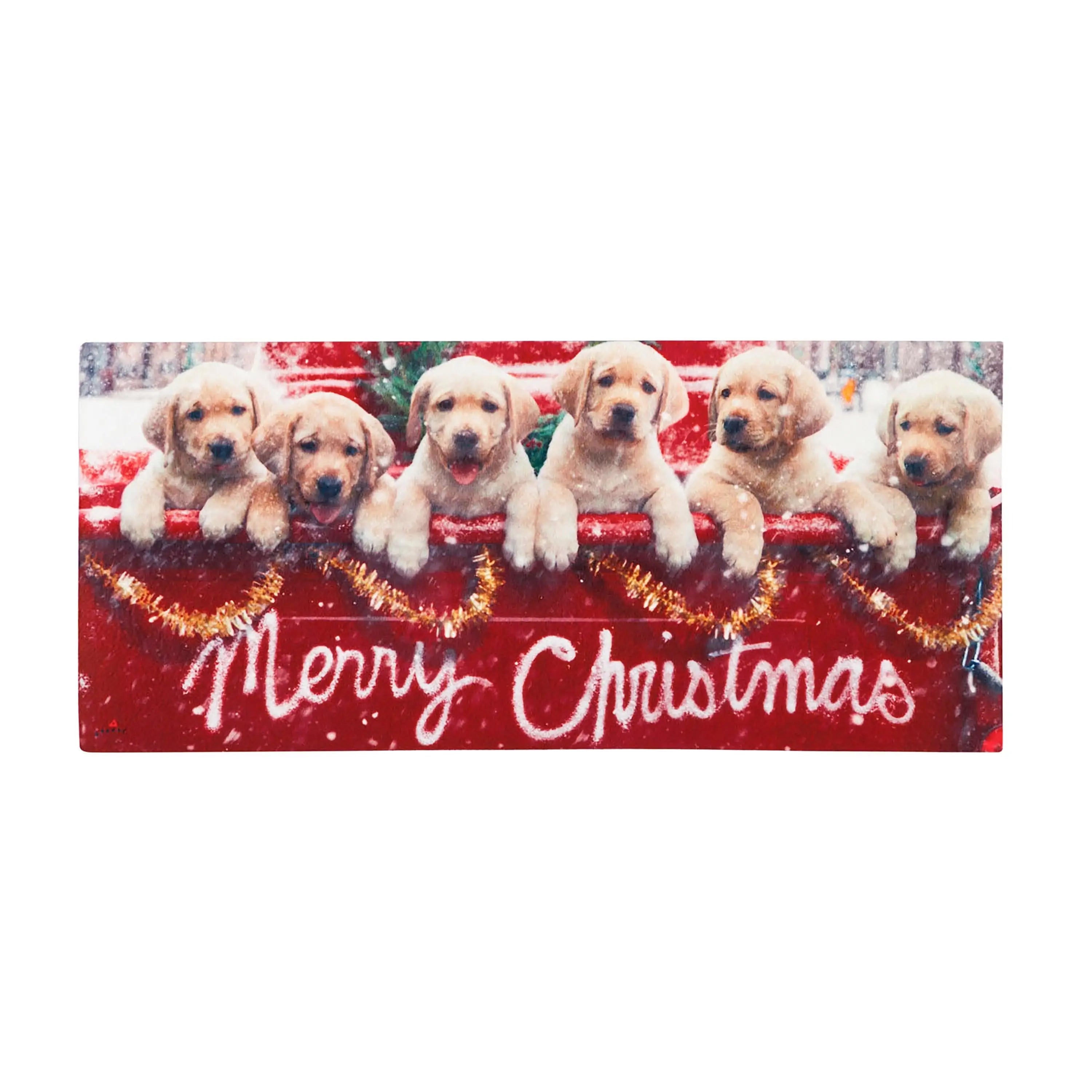 Red rectangular christmas-themed decorative plaque featuring five golden retriever puppies on snowy red truck with gold tinsel and merry christmas script in white
