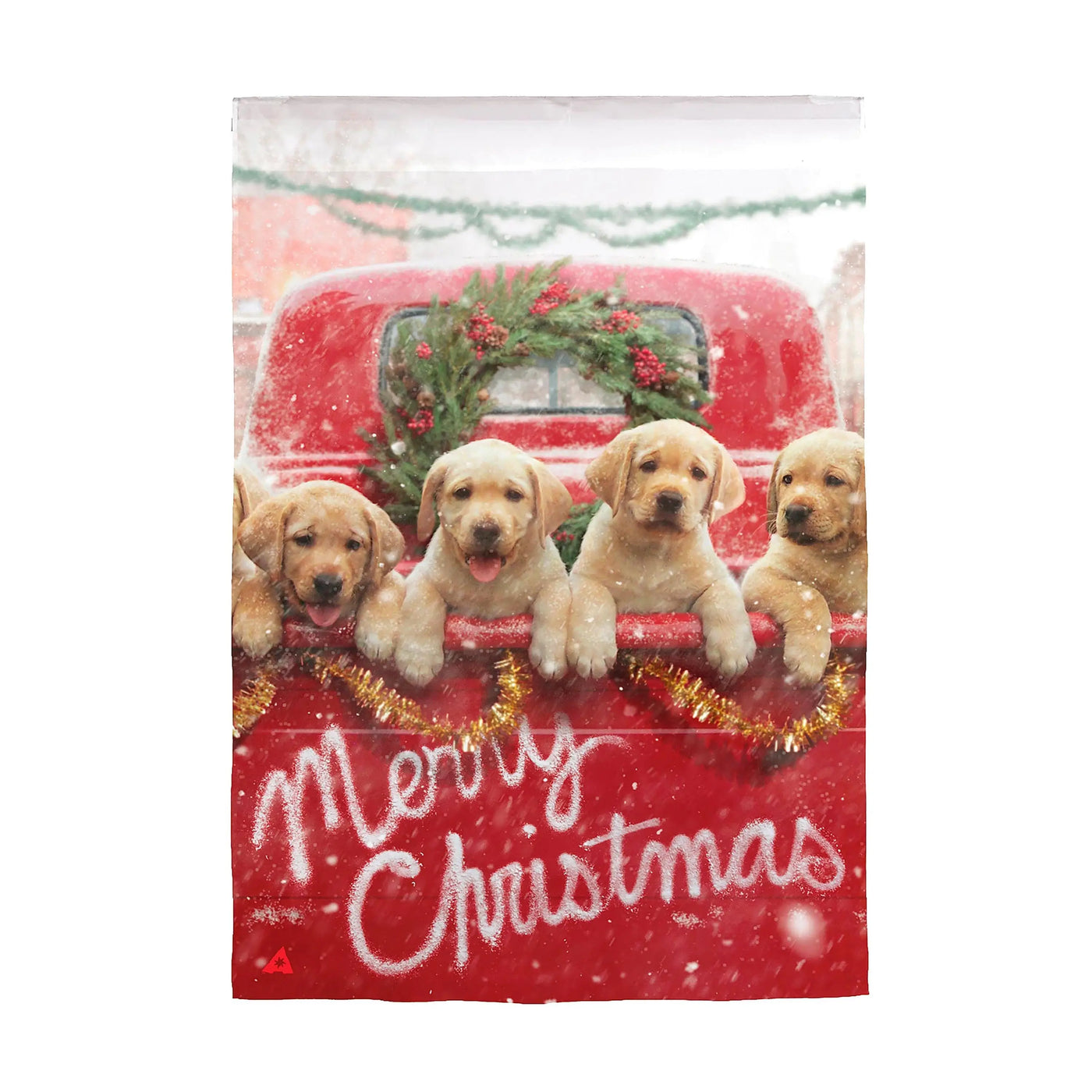 Red truck with puppies garden burlap flag featuring four golden retriever puppies in a snowy festive red pickup truck