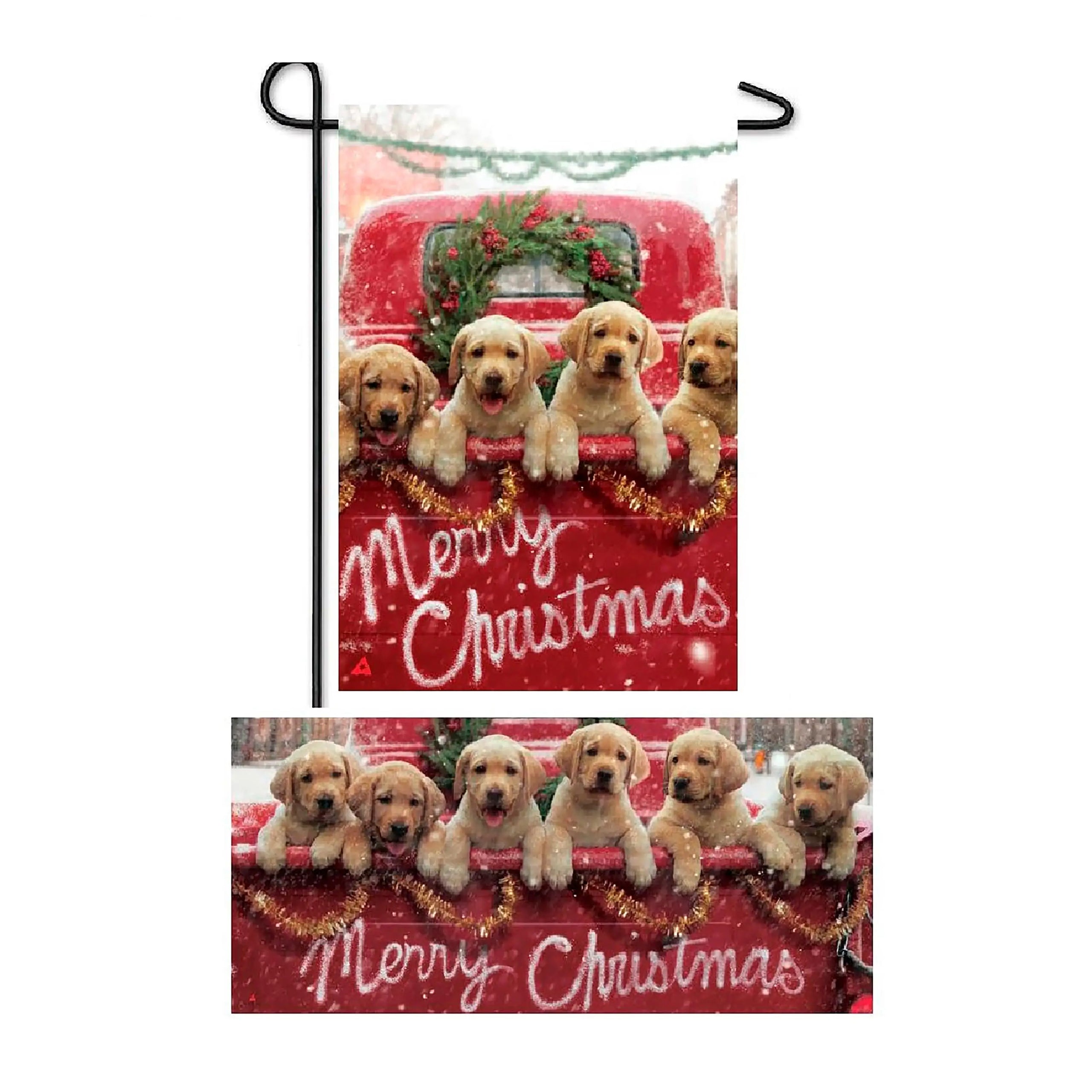 Red truck with puppies garden burlap flag features five golden retriever puppies in snowy truck bed with merry christmas script