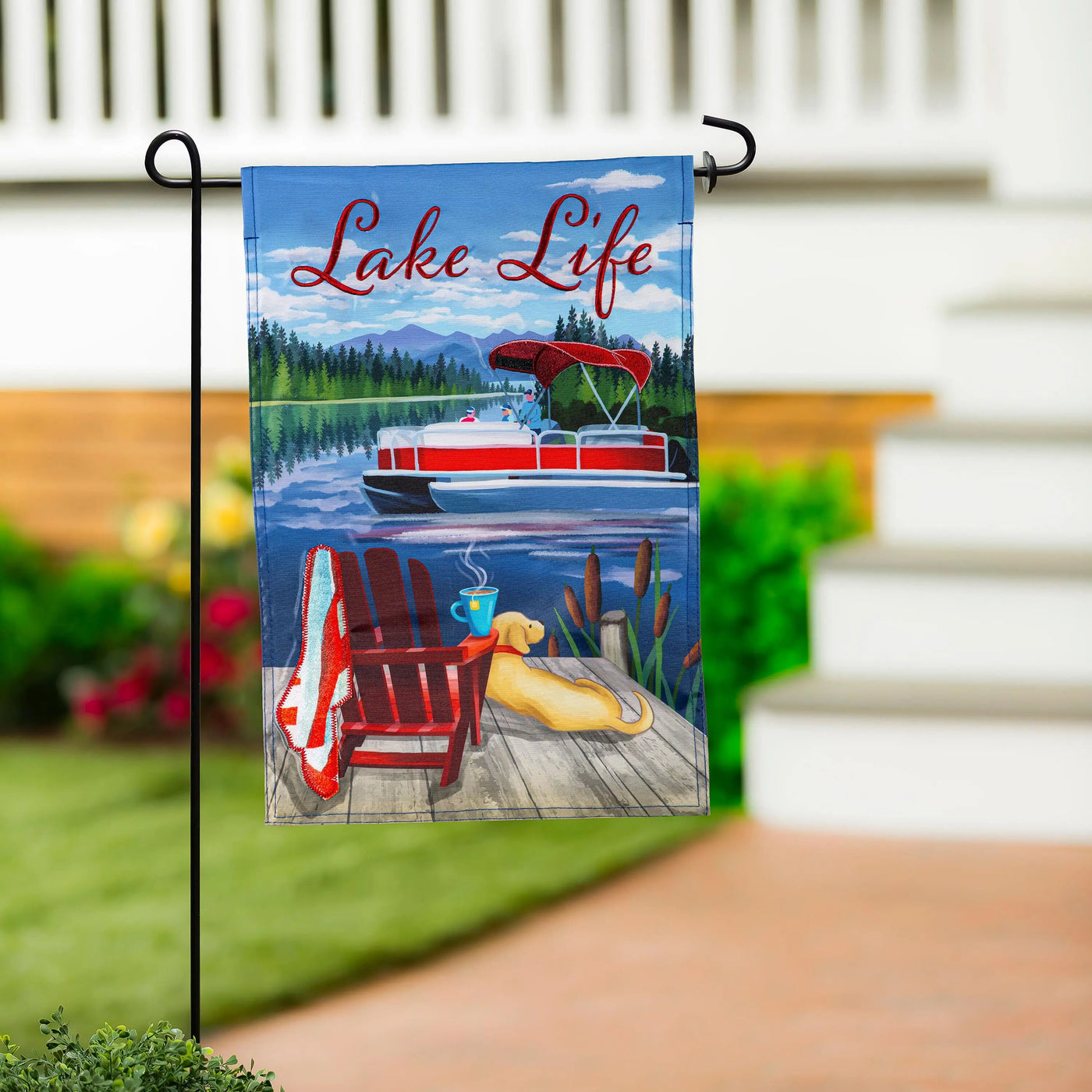 Relax you are on lake time applique garden flag with a red and white pontoon boat and golden retriever by a dock