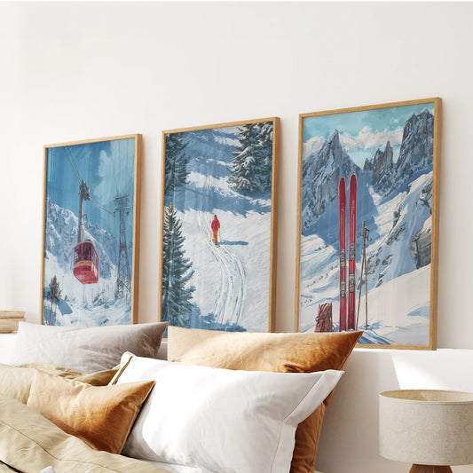 Snowy Mountain Wall Art Set: Skier, Red Skis, Snowy Trees