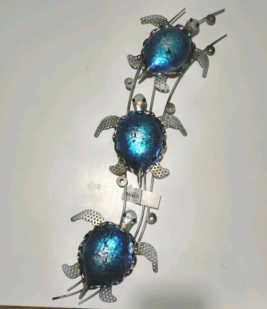 Metal Wall Art Featuring Three Blue Sea Turtles
