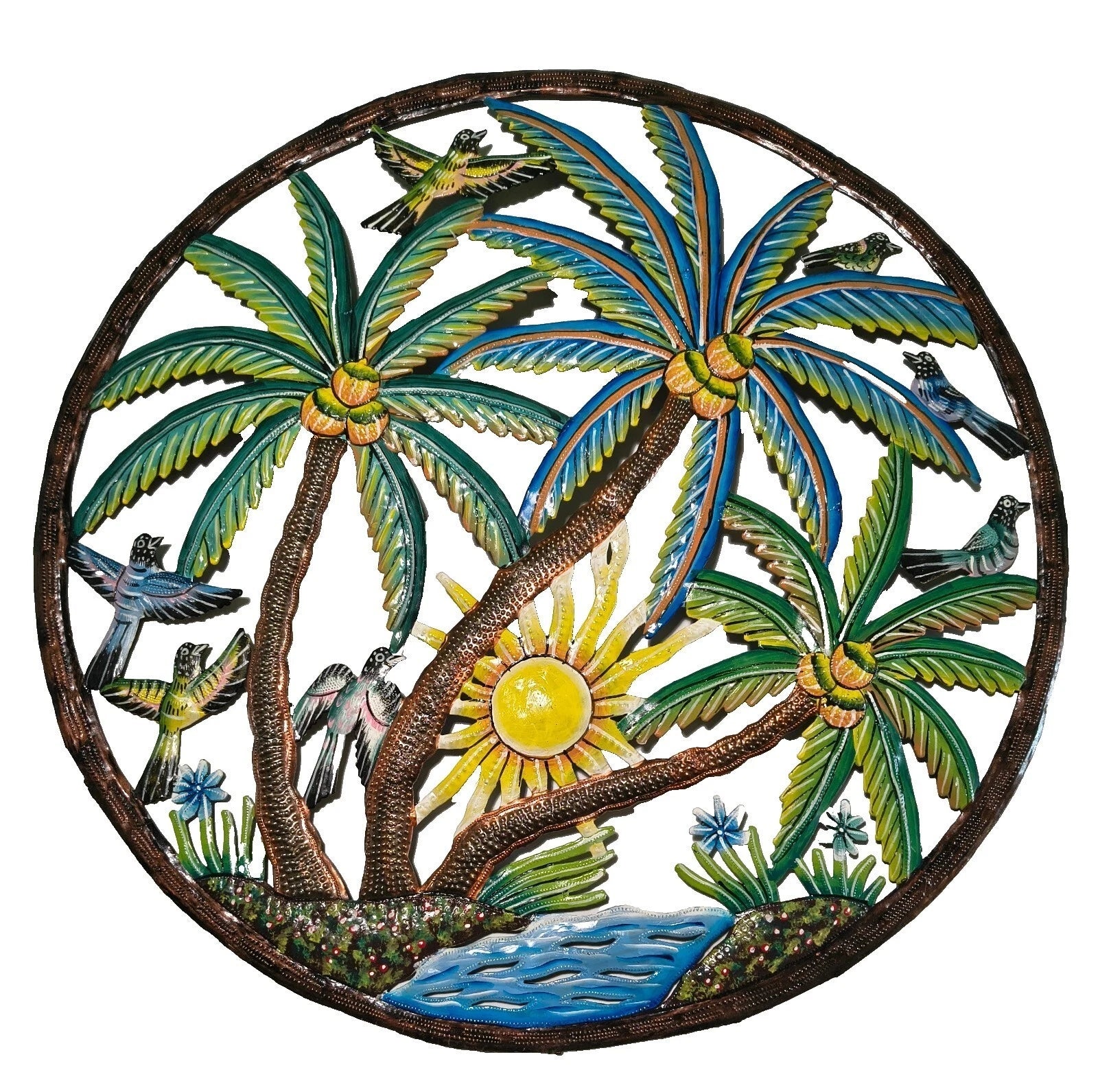 Handcrafted Tropical Metal Wall Art with Palm Trees and Birds