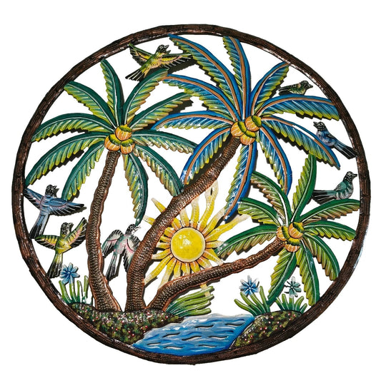 Handcrafted Tropical Metal Wall Art with Palm Trees and Birds