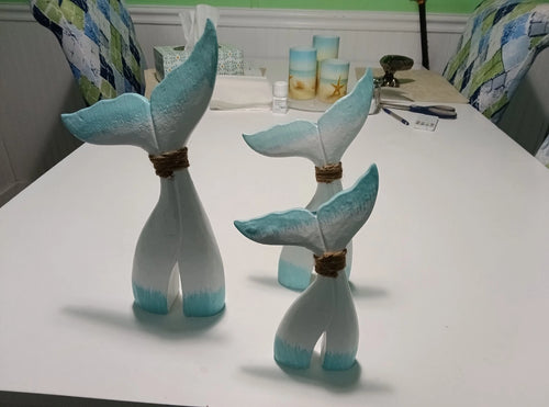 Set of 3 Coastal Style Whale Tail Figurines with Rope Accent