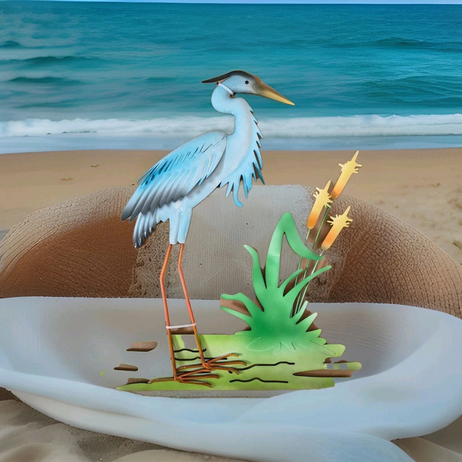 Metal Blue Heron Wall Art Sculpture with Green Marsh and Cattails