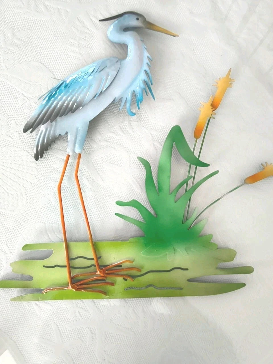 Metal Blue Heron Wall Art Sculpture with Green Marsh and Cattails