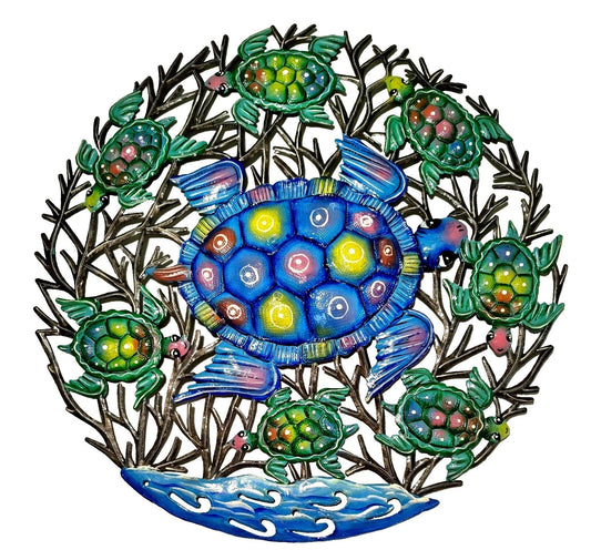 Coastal Decorative Metal Wall Art Featuring Colorful Sea Turtles