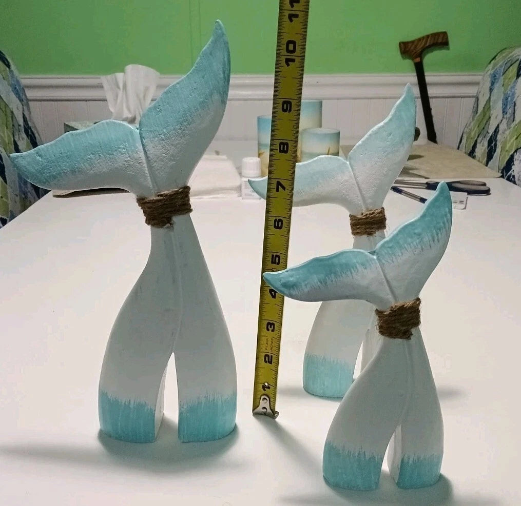 Set of 3 Coastal Style Whale Tail Figurines with Rope Accent