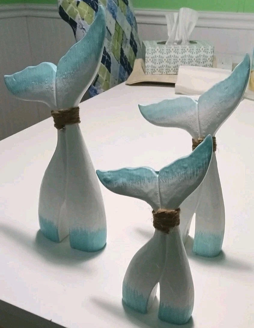 Set of 3 Coastal Style Whale Tail Figurines with Rope Accent