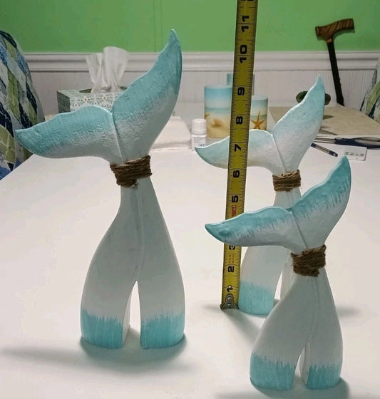 Set of 3 Coastal Style Whale Tail Figurines with Rope Accent