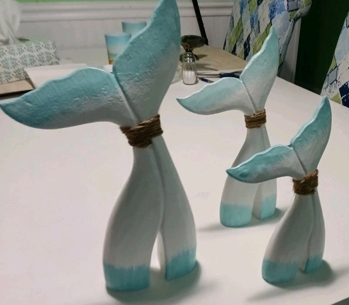 Set of 3 Coastal Style Whale Tail Figurines with Rope Accent