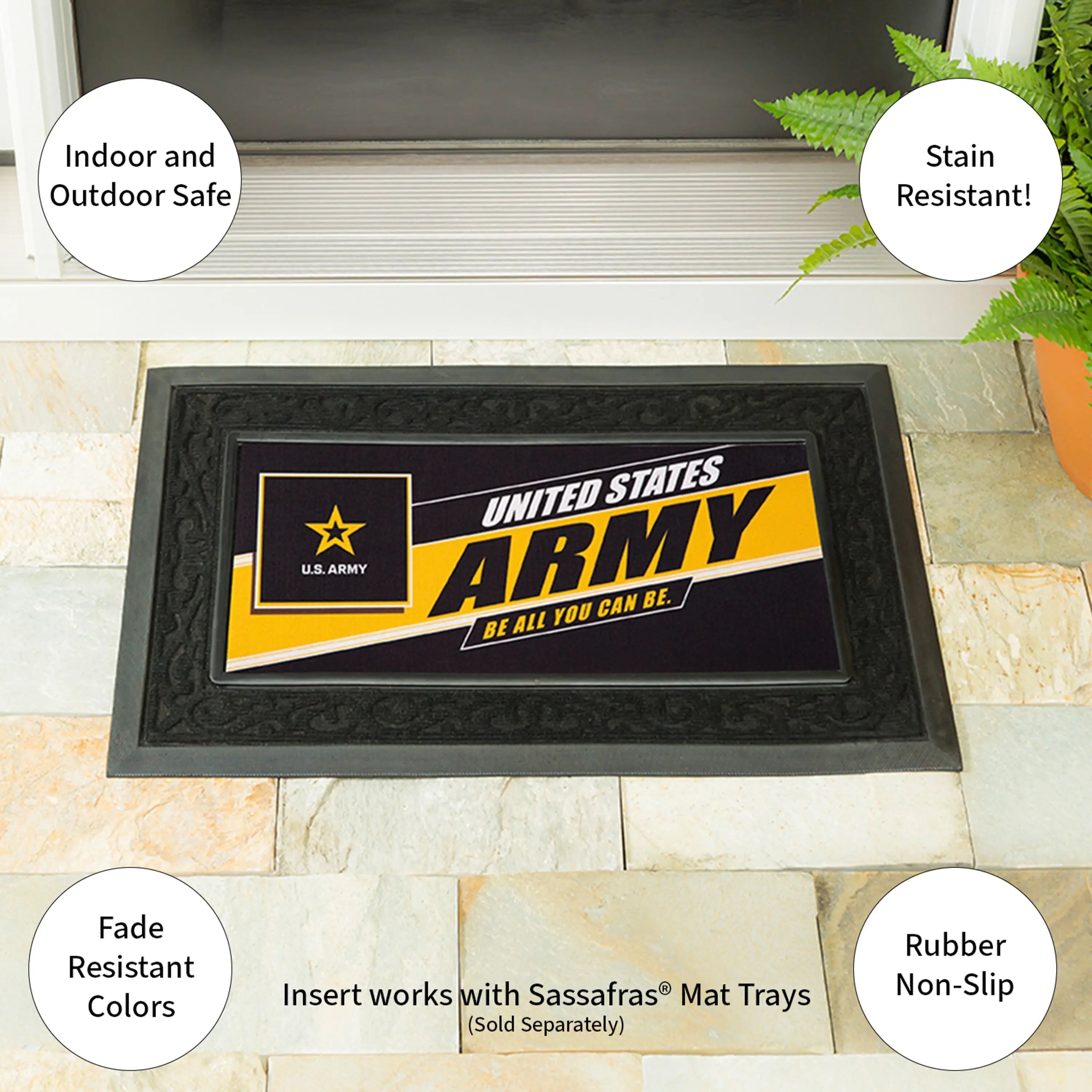Black rubber sassafras mat featuring a bold yellow and black united states army logo design