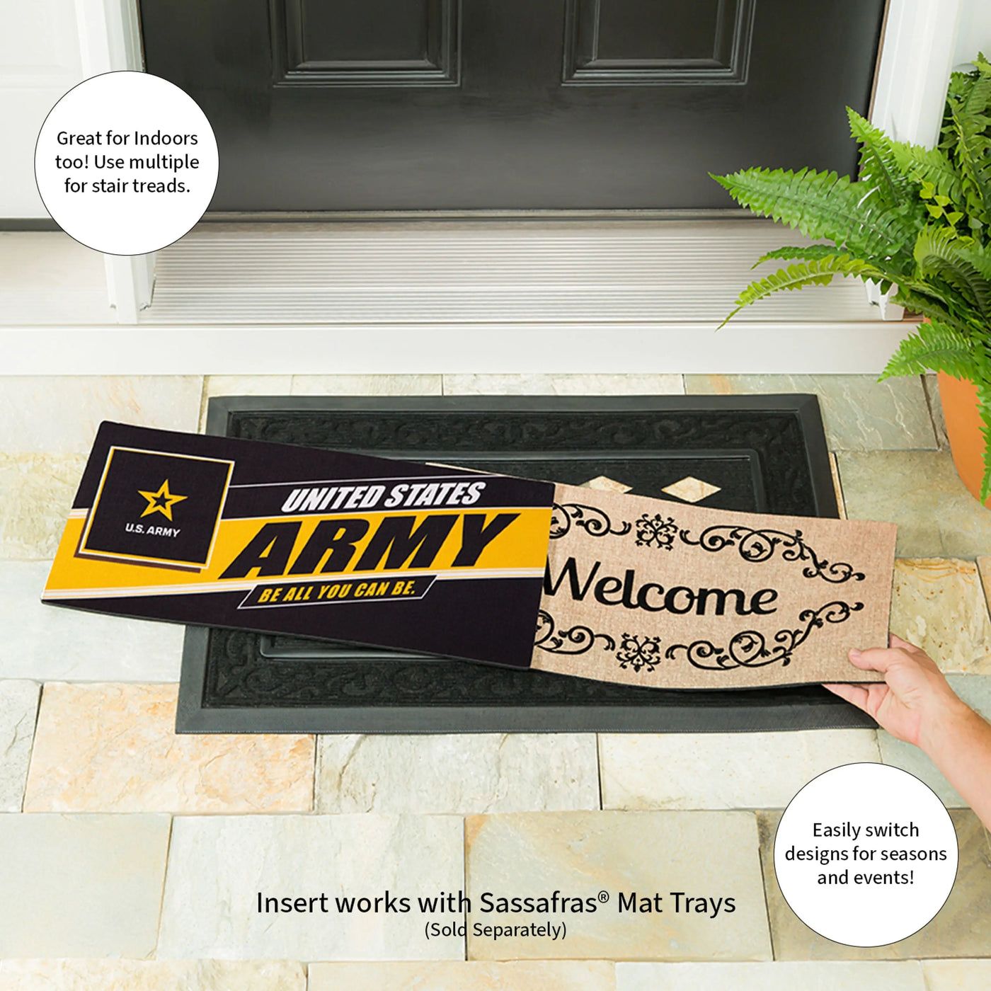 Black and yellow sassafras mat army welcome mat with star emblem bold lettering and ornate welcome design