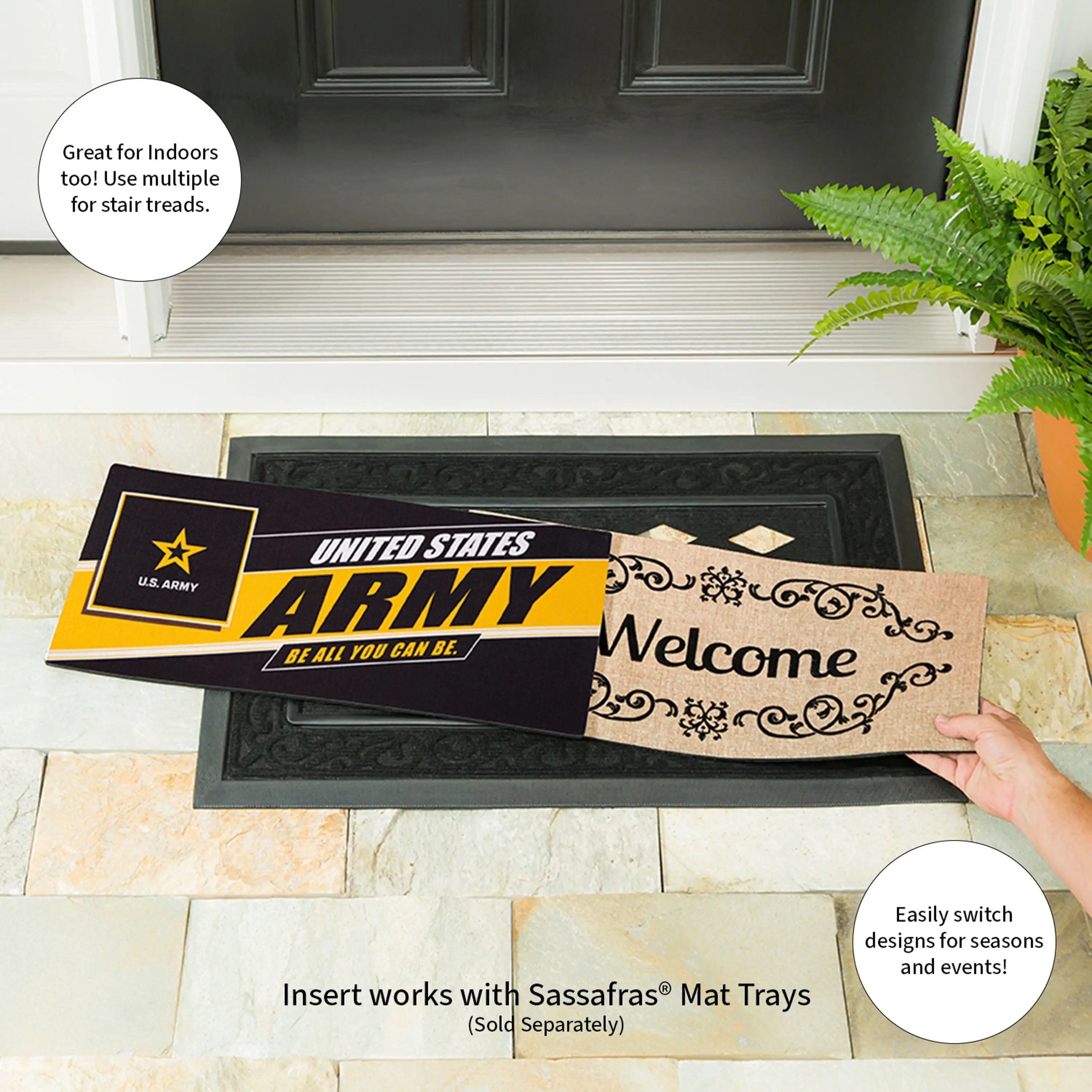 Black and yellow sassafras mat army welcome mat with star emblem bold lettering and ornate welcome design