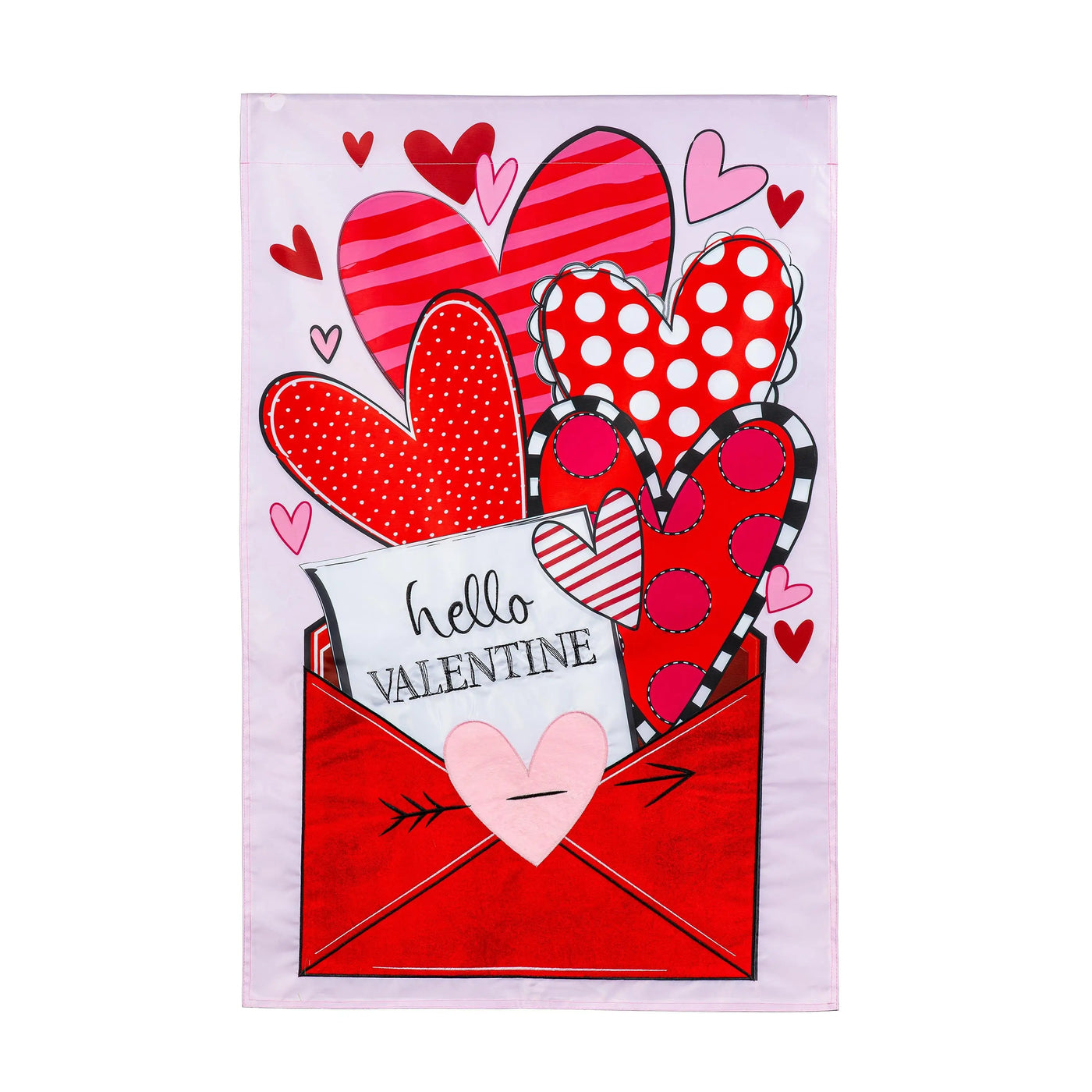 Sending love valentine’s day applique house flag with vibrant red envelope and assorted pink red white hearts design