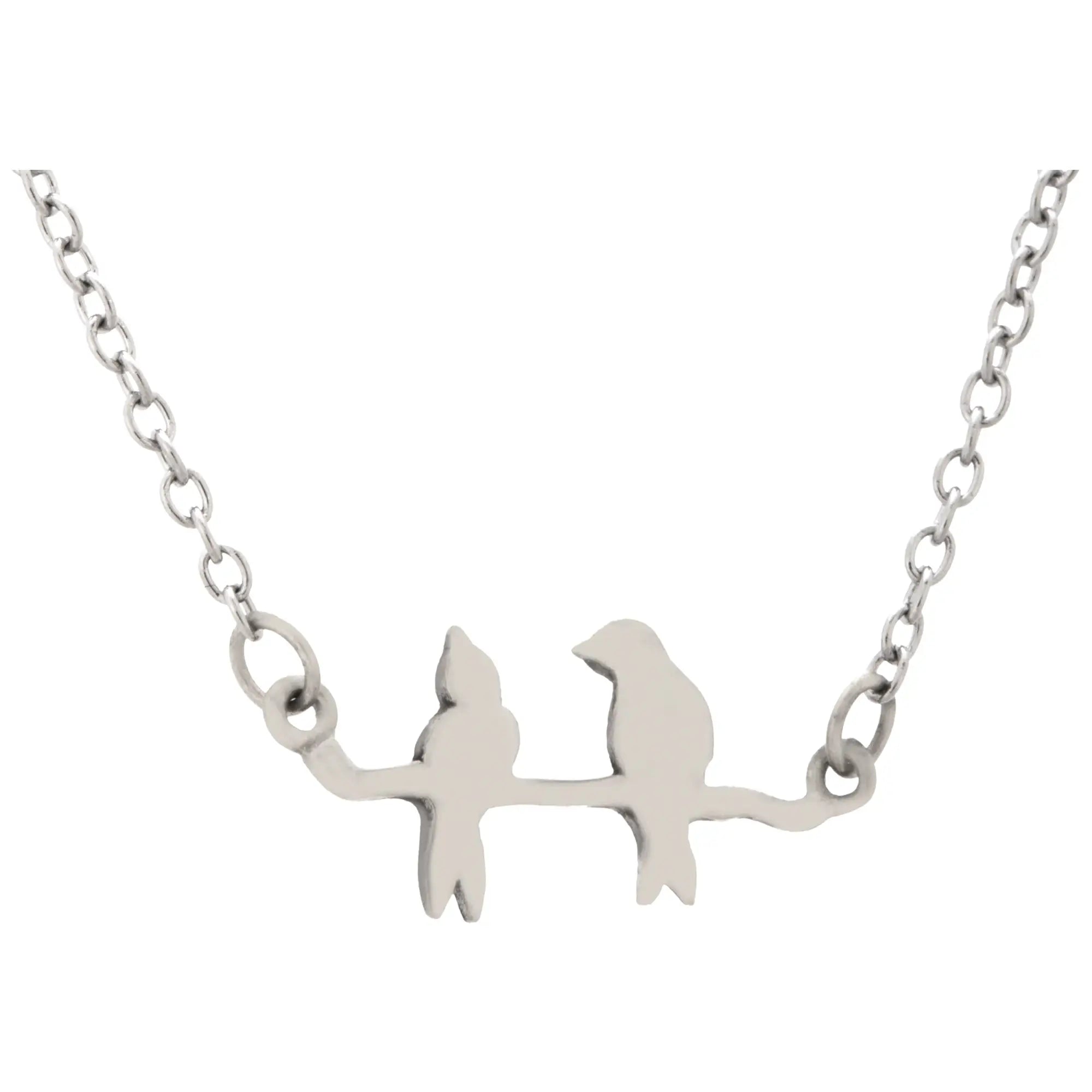 Silver sisterly love necklace with a delicate pendant featuring two birds perched on a branch