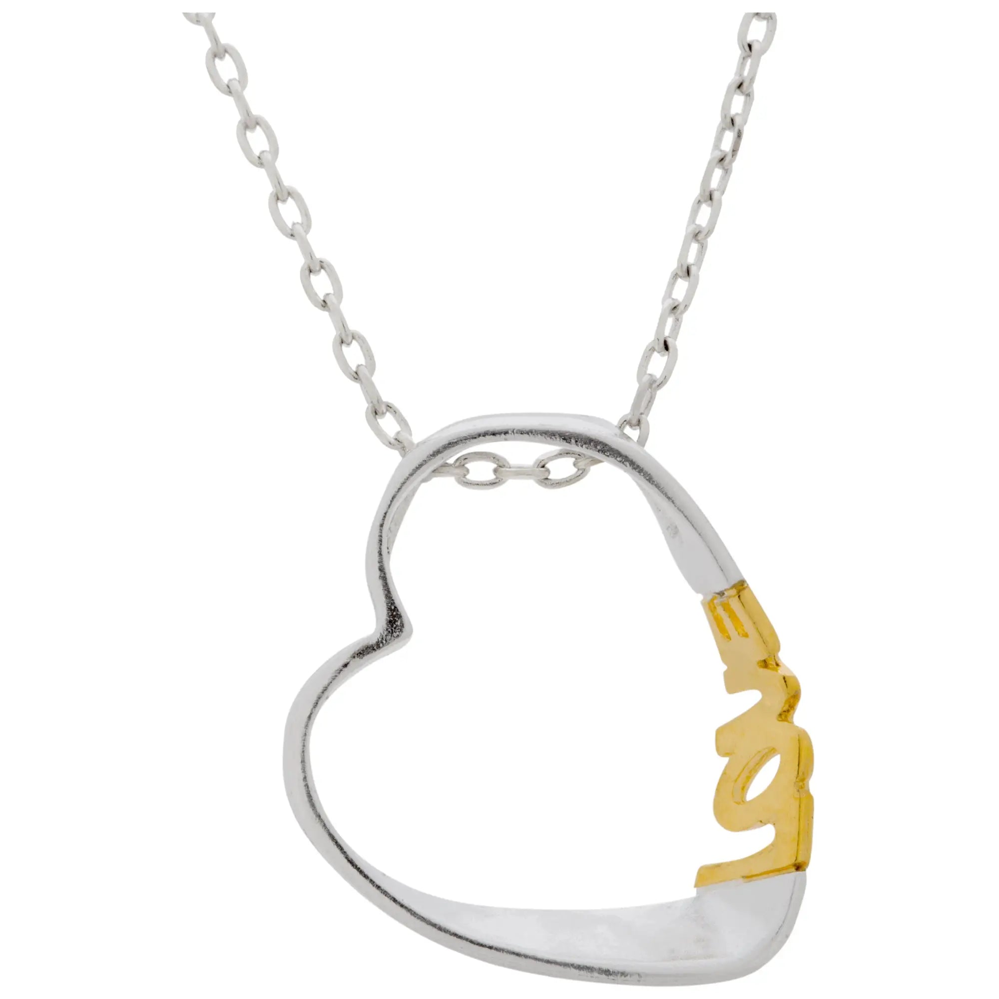 Sisterly love necklace featuring a two-tone heart pendant with gold love lettering and a silver chain