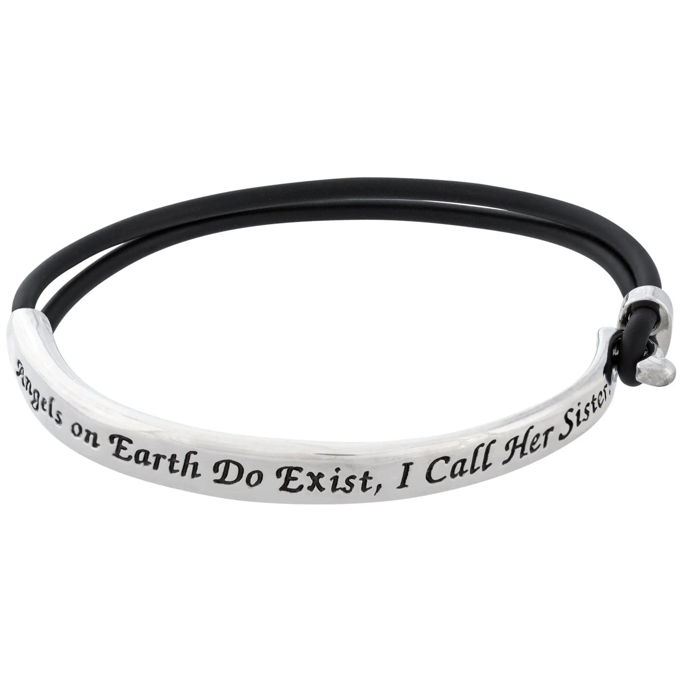 Silver-toned bangle bracelet with black leather cord and engraved angels on earth do exist i call her sister phrase