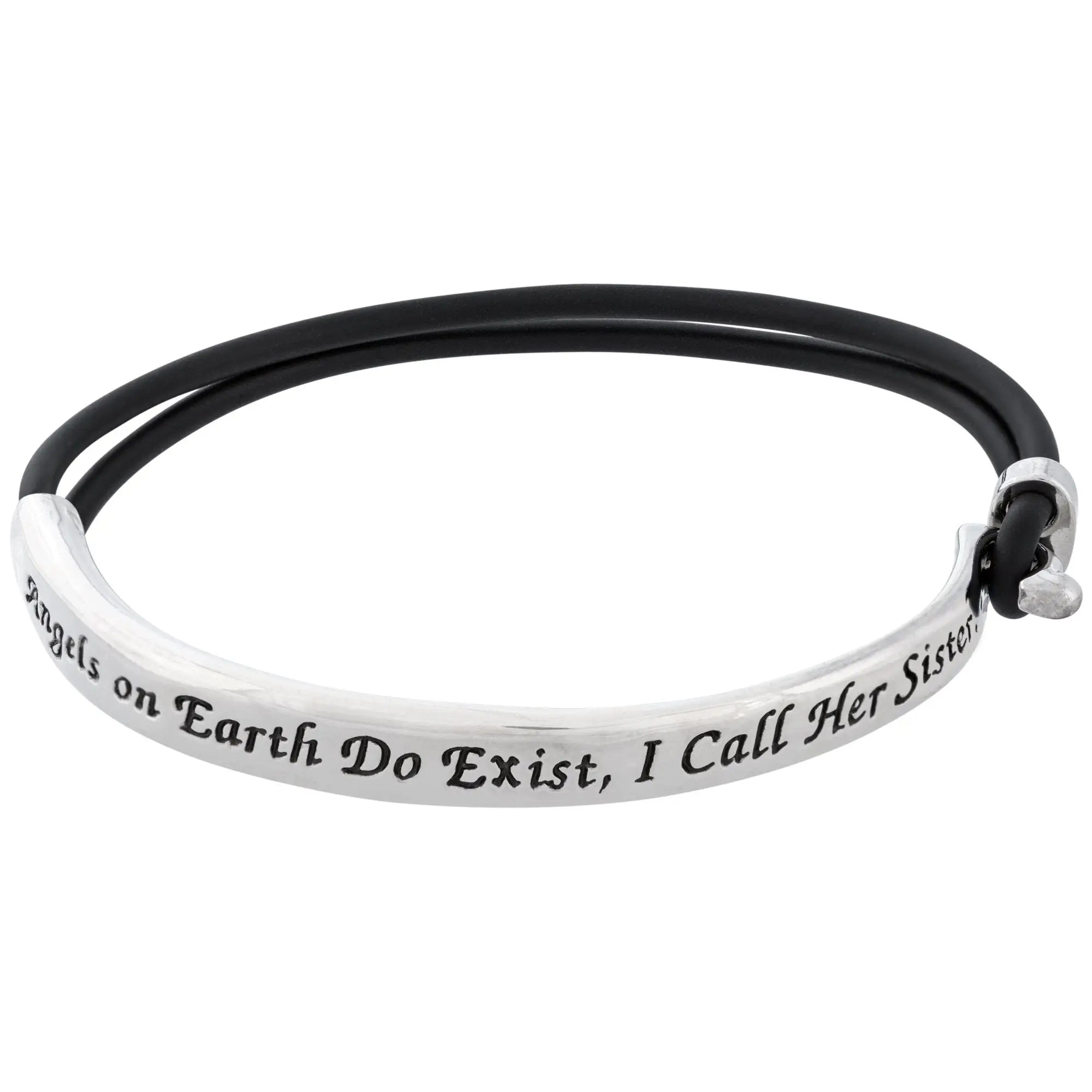 Silver-toned bangle bracelet with black leather cord and engraved angels on earth do exist i call her sister phrase