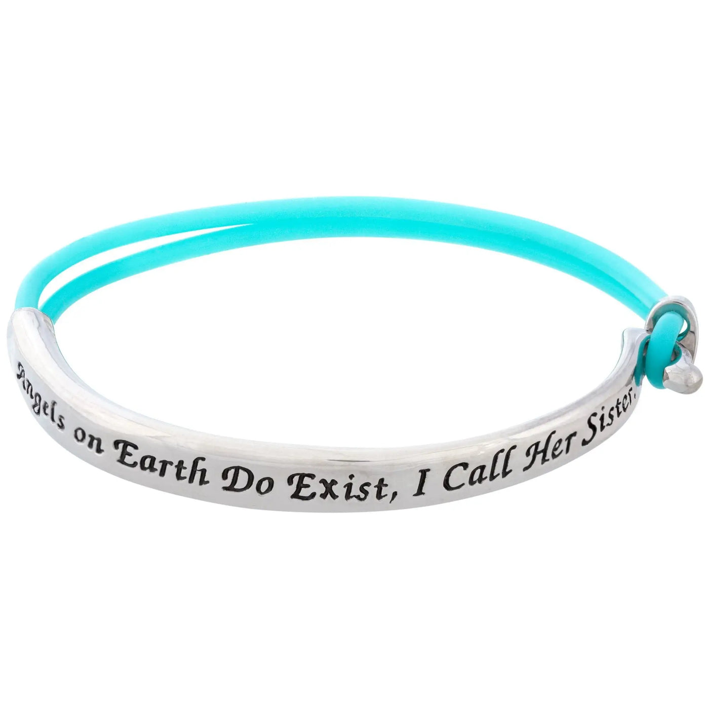 Turquoise elastic sisters are angels on earth bracelet with silver-toned metal clasp and engraved phrase