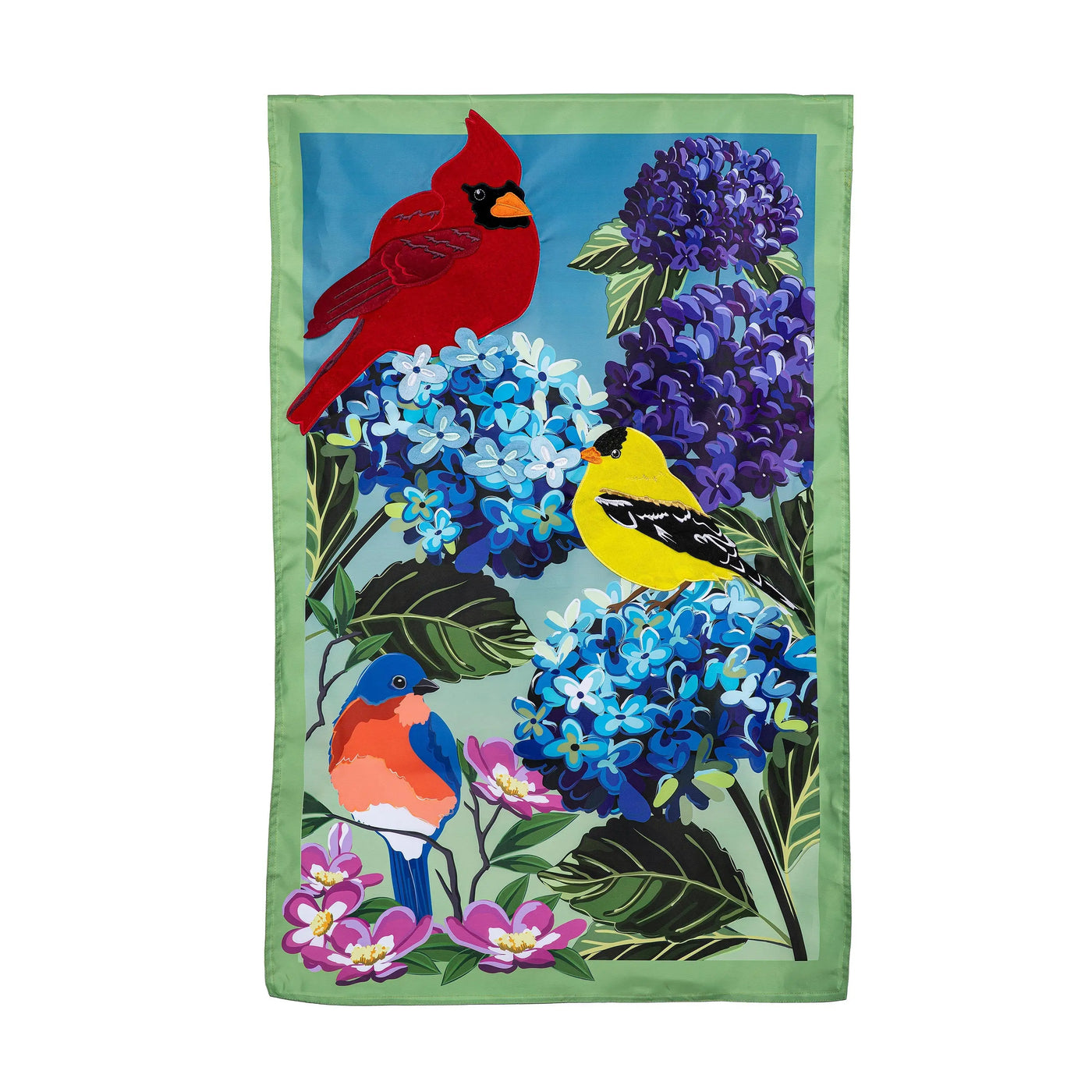 A vibrant garden flag with a red cardinal yellow finch and bluebird on purple blue hydrangeas and pink flowers
