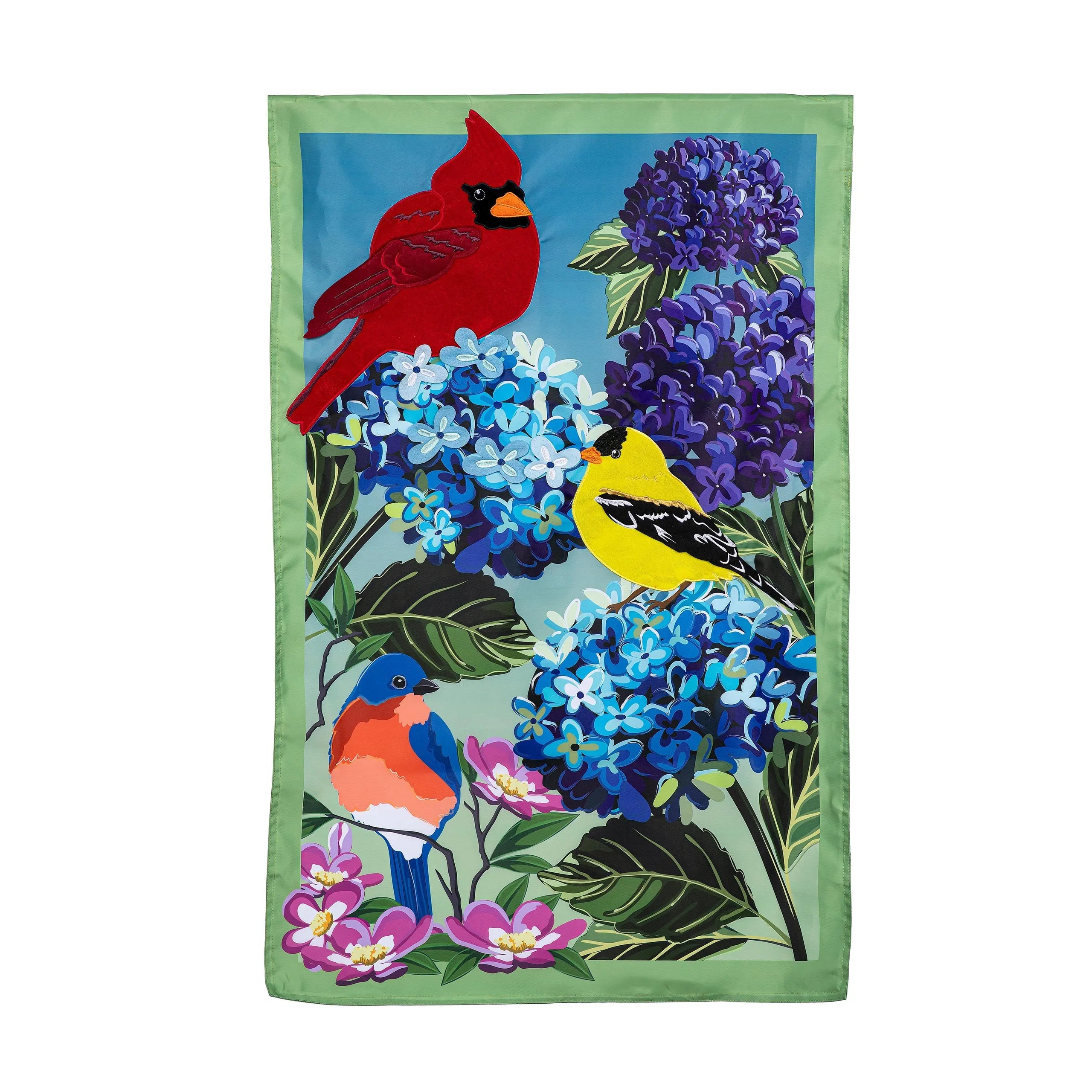 A vibrant garden flag with a red cardinal yellow finch and bluebird on purple blue hydrangeas and pink flowers
