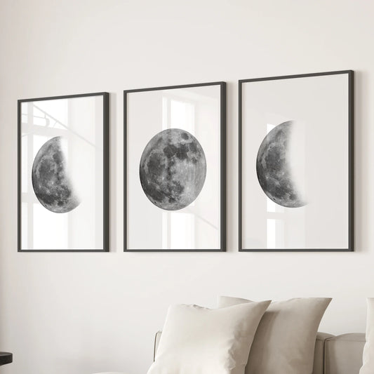 Moon Phases Set of 3 Prints. Black and White Lunar Cycle