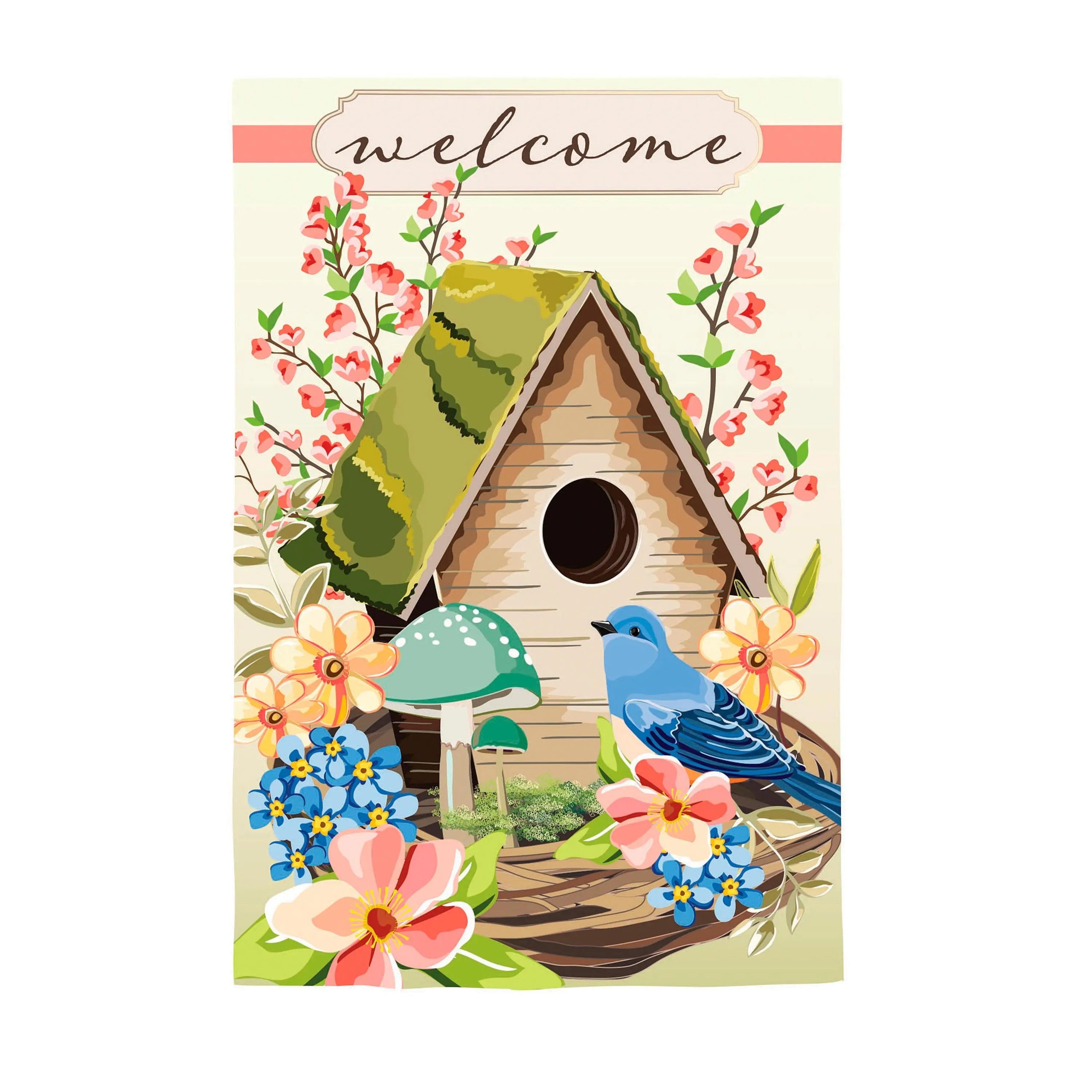 A spring birdhouse applique house flag featuring a rustic wooden birdhouse with mossy roof and colorful flowers