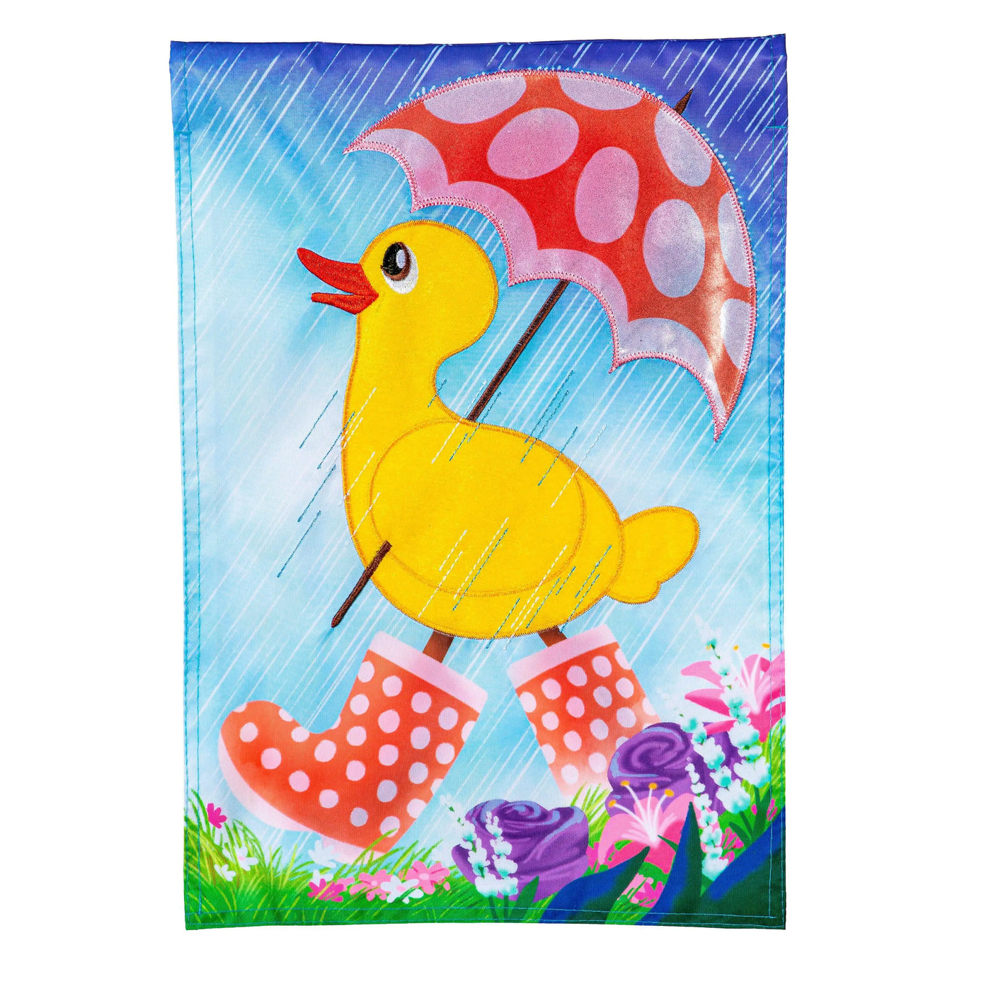 Spring duckling applique house flag featuring a cheerful yellow rubber duck with orange polka-dot rain boots and a red umbrella with white spots