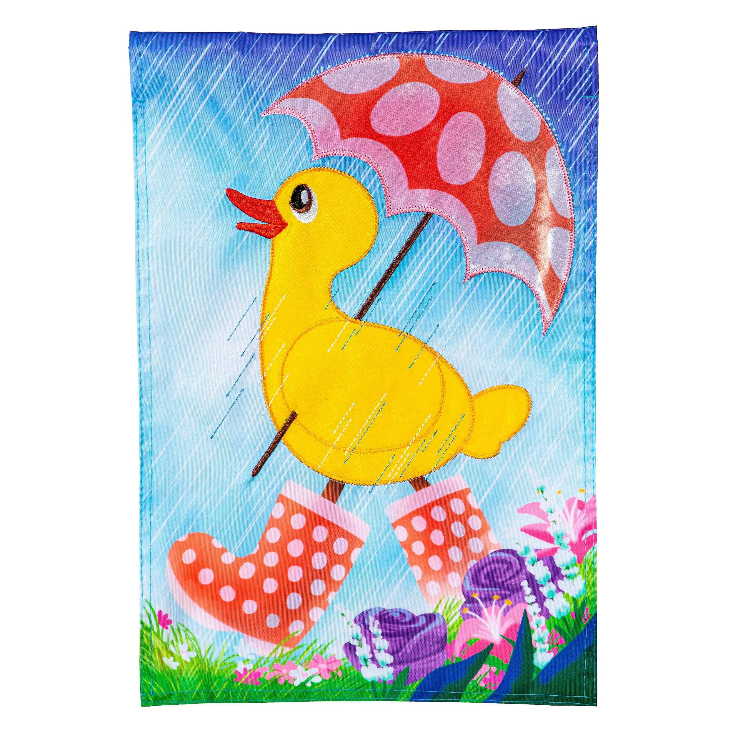 Spring duckling applique house flag featuring a cheerful yellow rubber duck with orange polka-dot rain boots and a red umbrella with white spots