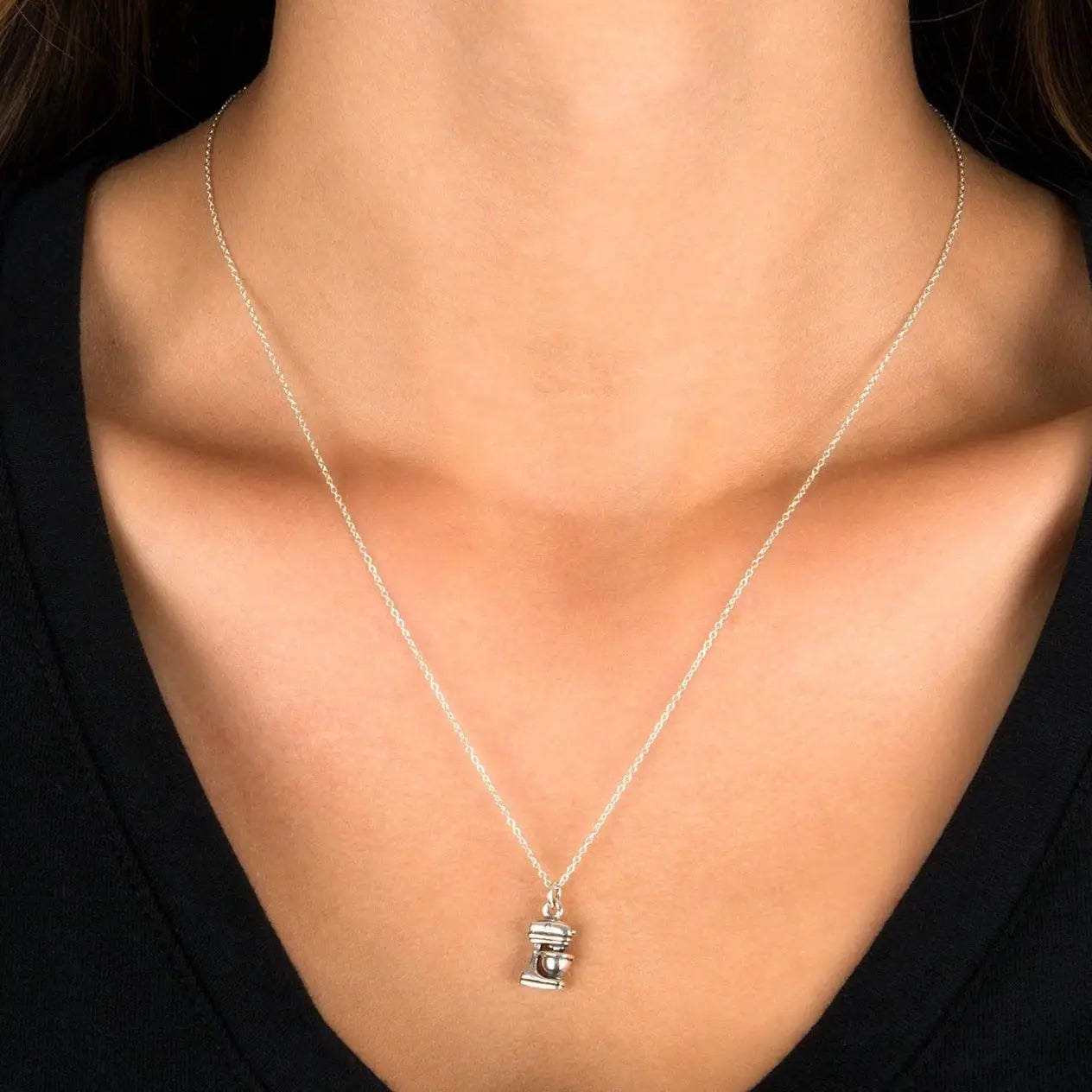 Silver stand mixer sterling necklace with a small detailed coffee maker pendant on a delicate chain