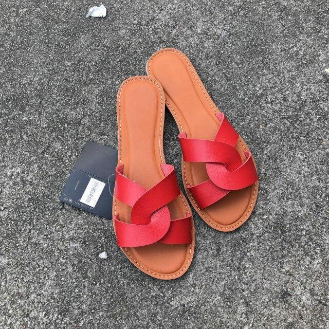 Summer Women Sandals Shoes Fashion Leather Surface Female Slippers Solid High Quality Woman Flat Slides Sandals Casual Strap Cross Slip On Sliders Beach Flat Sandals For Women