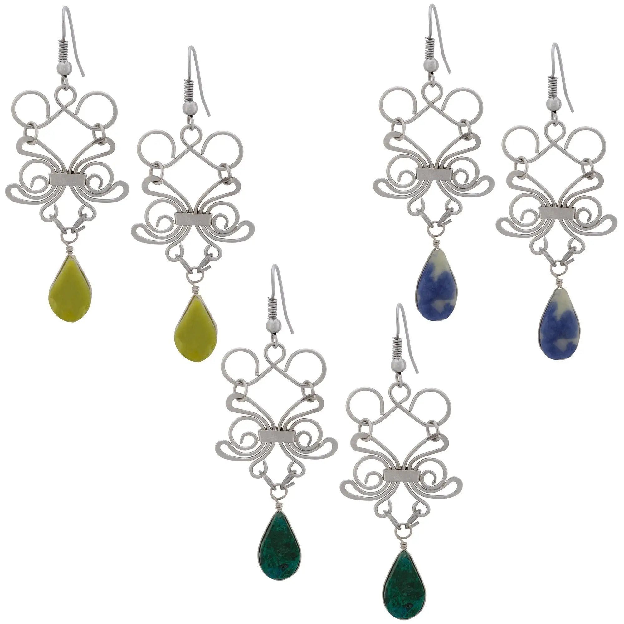 Swirl teardrop stone earrings silver filigree butterfly design with dangling green blue and teal teardrop stones