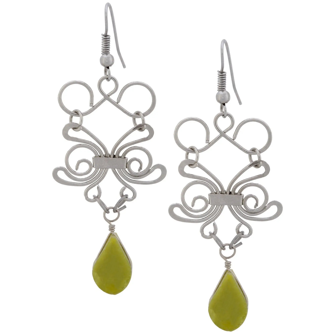 Silver wire butterfly earrings with olive green teardrop stone pendant swirl teardrop stone earrings