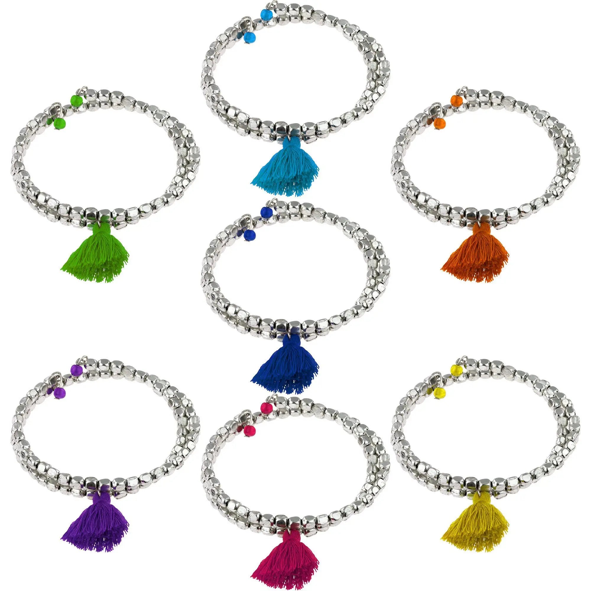 Silver beaded stretch taj tassel metal bead bracelets with colorful green blue orange purple pink and yellow tassels