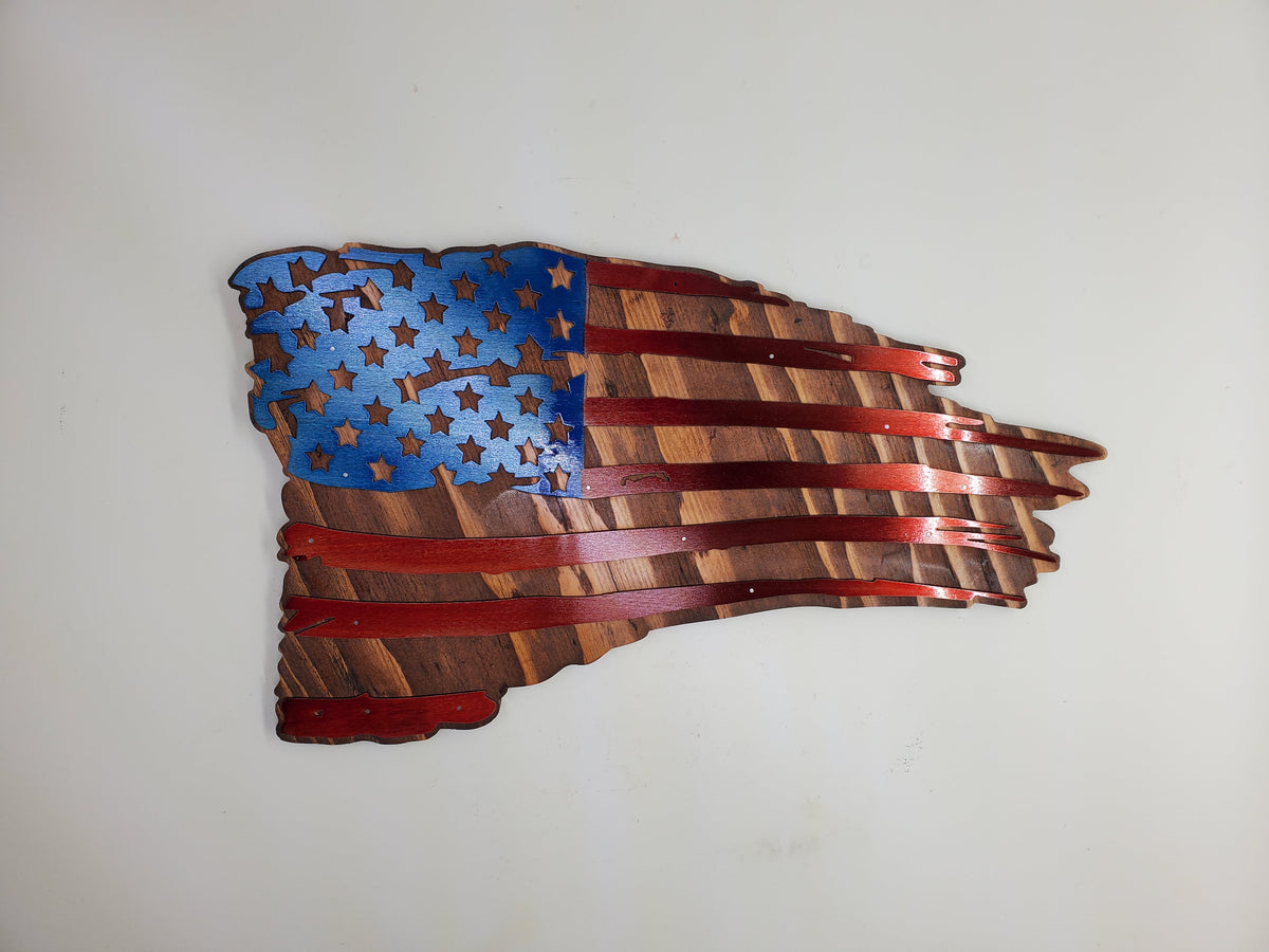 American Tattered Flag Metal on Wood