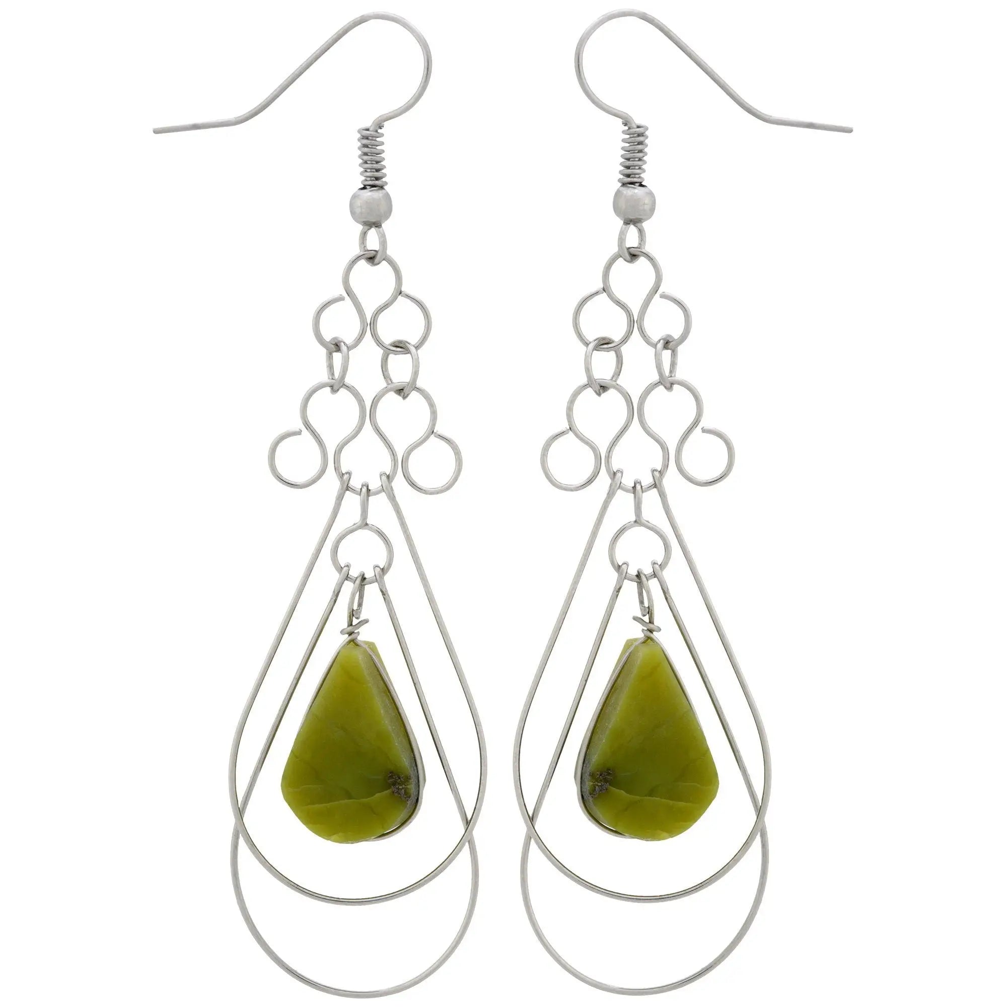 Silver wire dangle earrings with teardrop olive green stones in an intricate openwork frame teardrop loops stone earrings
