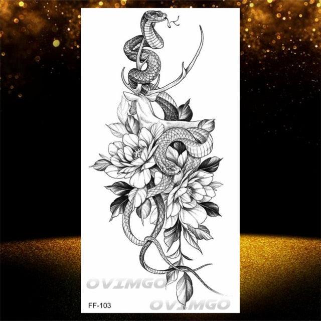 Temporary Lotus Flower Sticker Tattoo Fake Black Elegant Flower Design Women Body Art Fake Arm Tattoo Stickers For Womens