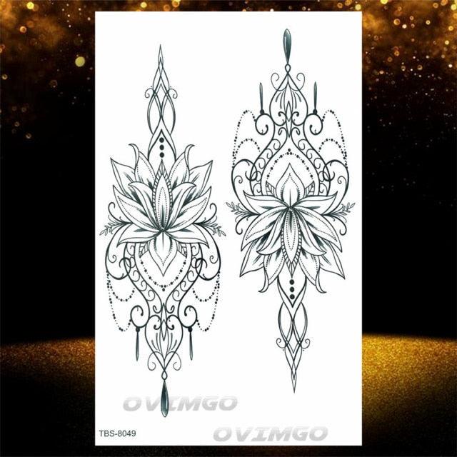 Temporary Lotus Flower Sticker Tattoo Fake Black Elegant Flower Design Women Body Art Fake Arm Tattoo Stickers For Womens